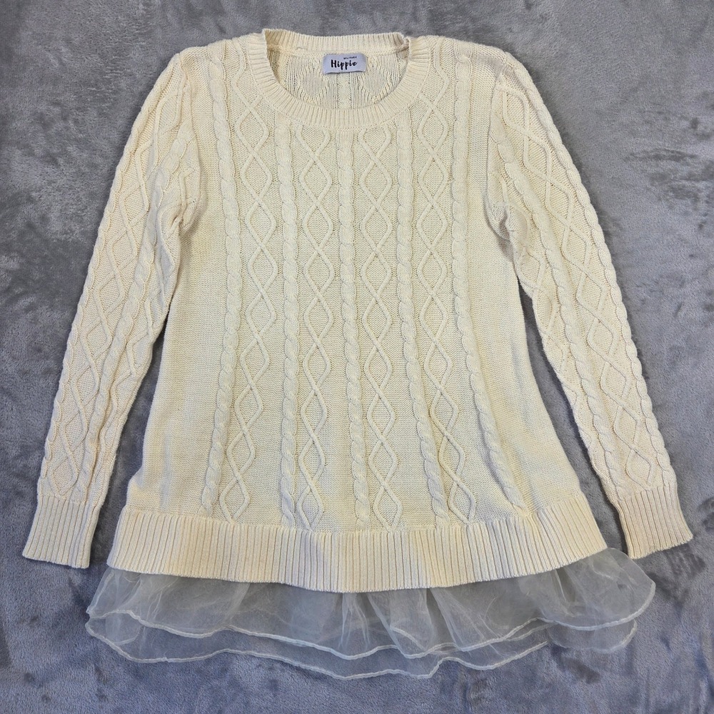Military Hippie Cream Cable Knit‎ Tulle Hem Sweater Tunic Women's S Boho Preppy
